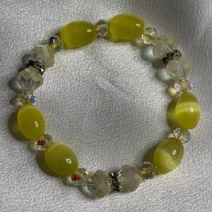 Handmade Beaded Bracelet Lemon Yellow Cats Eye Yellow Crystal Rhinestone stretch